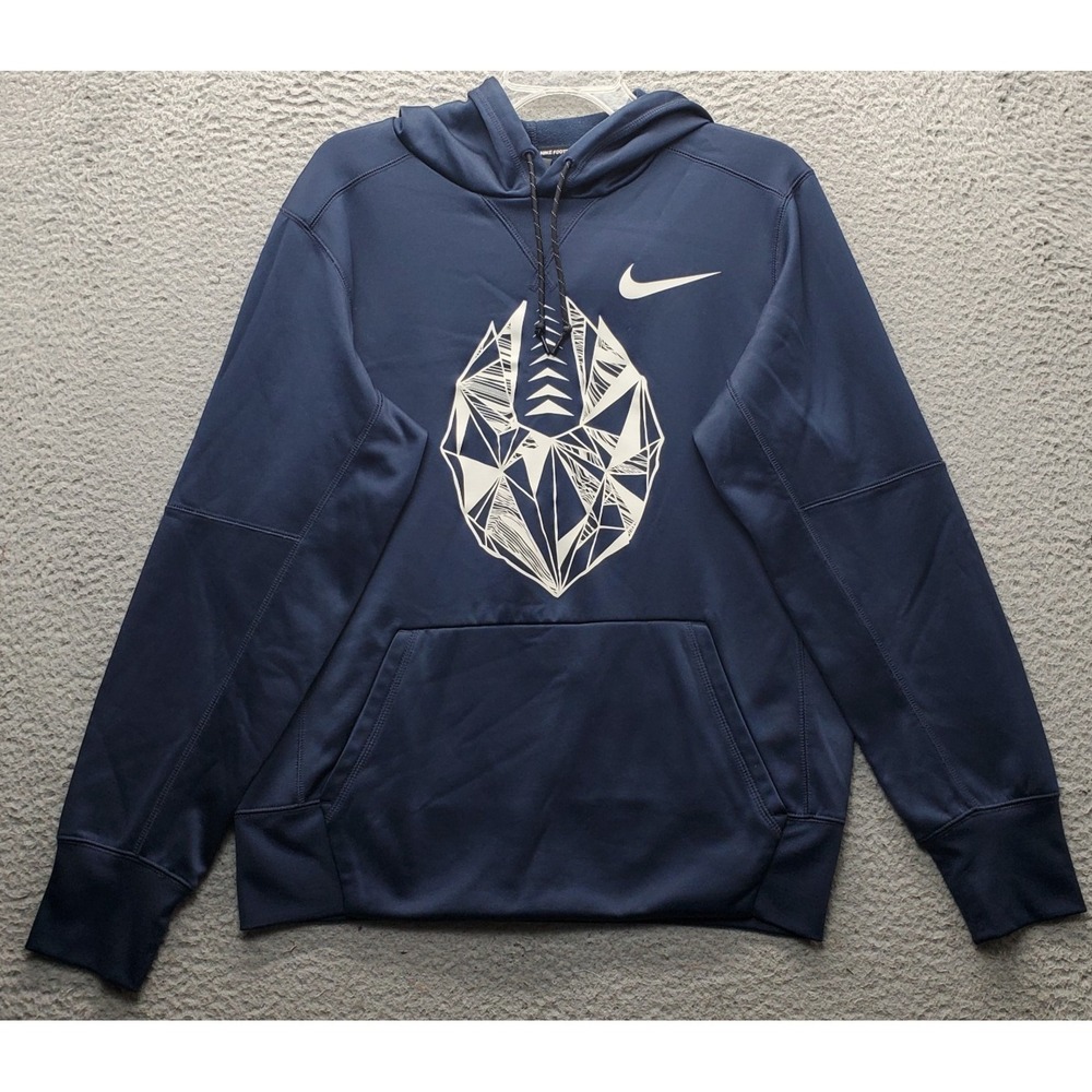 Nike Therma Fit Football Hoodie Mens S Navy Fleece Lined Graphic Front Pullover